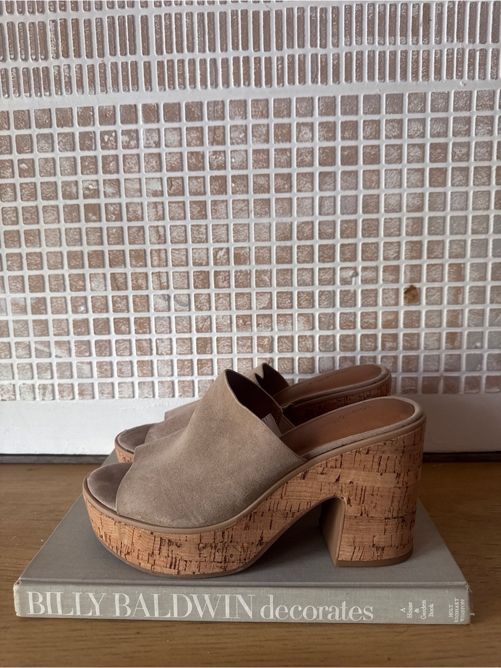 Beige Suede Cork Platform Slide Heel - Size 7.5 - Picture 2 of 7